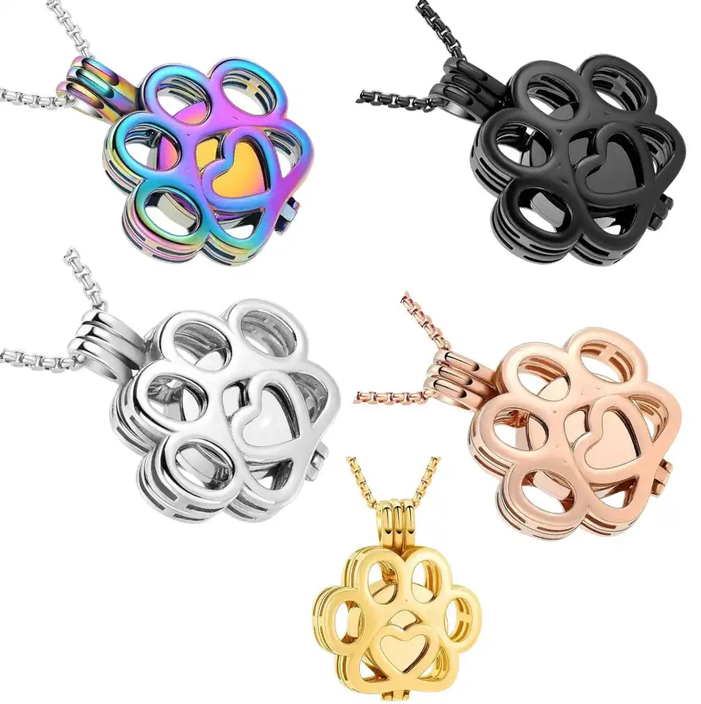 Hollow paw print urn necklace in five colors (silver, gold, rose gold, black, rainbow), openable pet memorial keepsake pendant