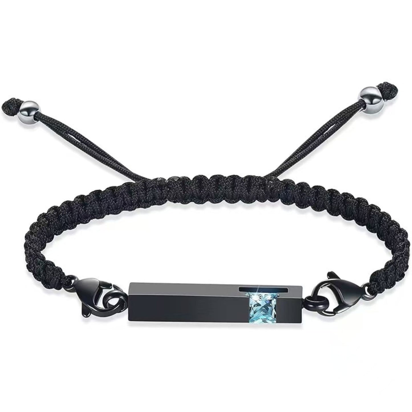 Black braided urn bracelet with ice blue birthstone accent, stainless steel cremation keepsake bracelet for ashes