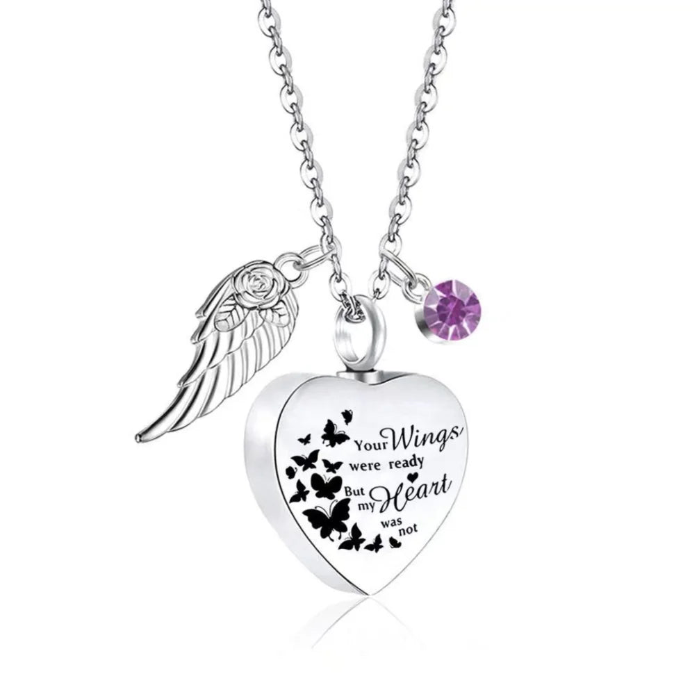 June birthstone option for heart pet memorial urn necklace with angel wing charm