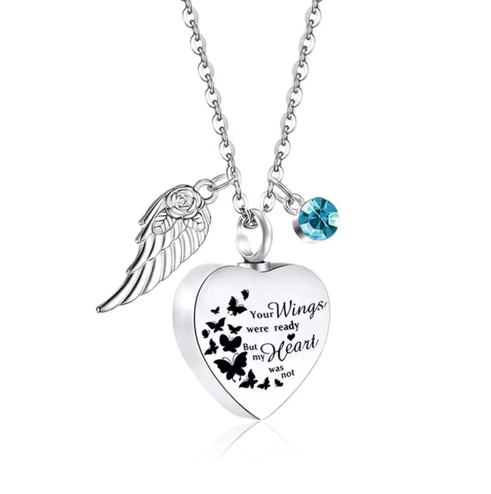 March  birthstone option for heart pet memorial urn necklace with angel wing charm