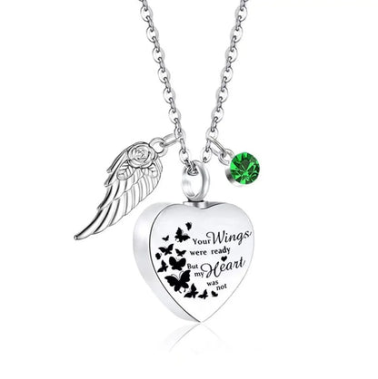 May birthstone option for heart pet memorial urn necklace with angel wing charm