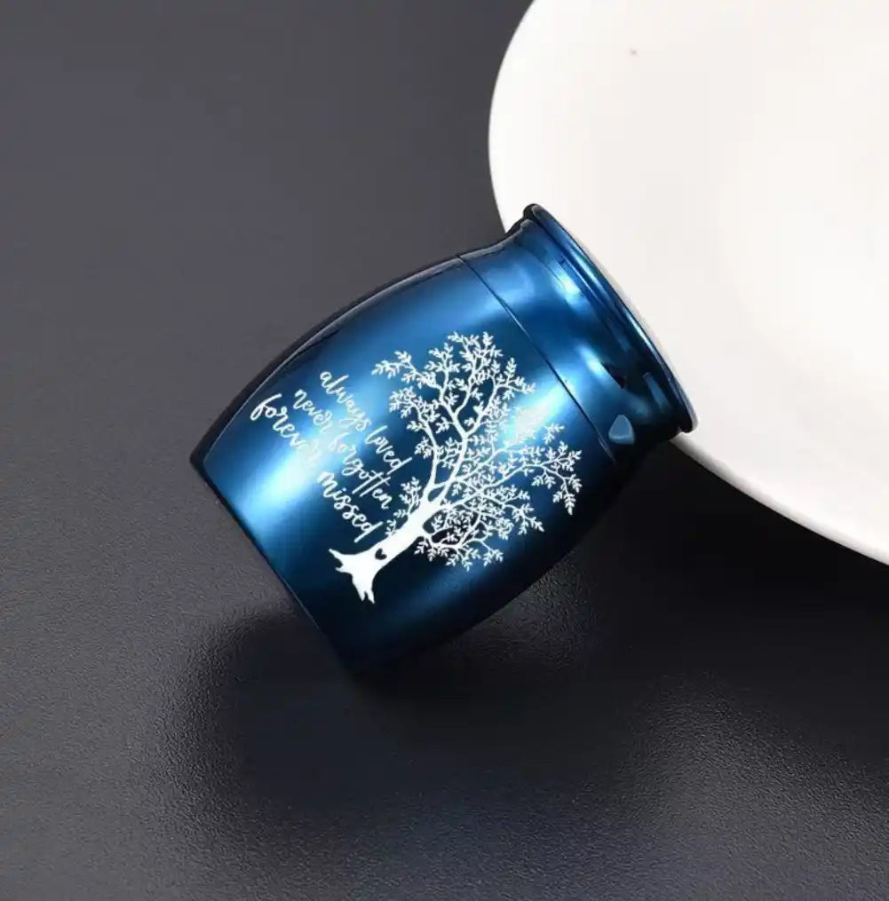 Mini blue Tree of Life pet keepsake urn shown