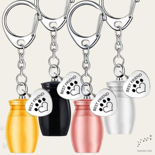 "Multi-color Pet Memorial Keychain Set featuring gold, black, rose gold, and silver urn designs with 'BEST FRIEND' tags and paw print charms"