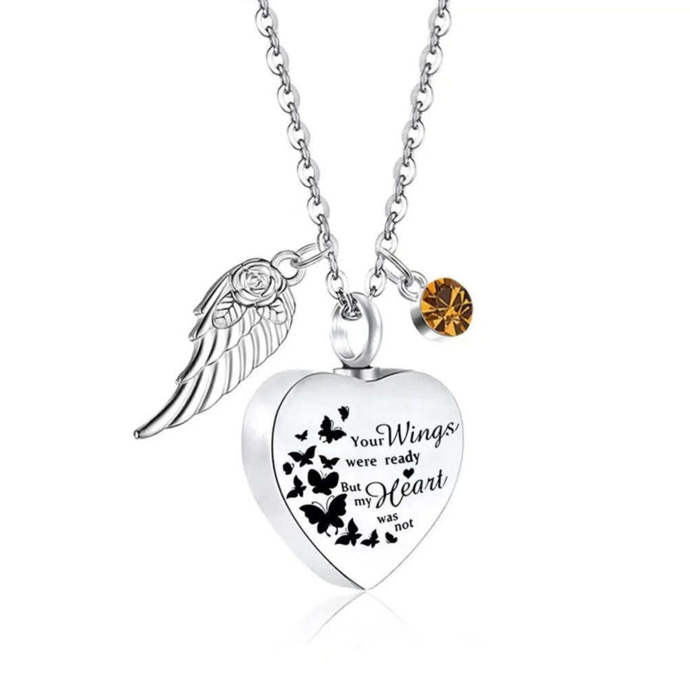 November birthstone option for heart pet memorial urn necklace with angel wing charm