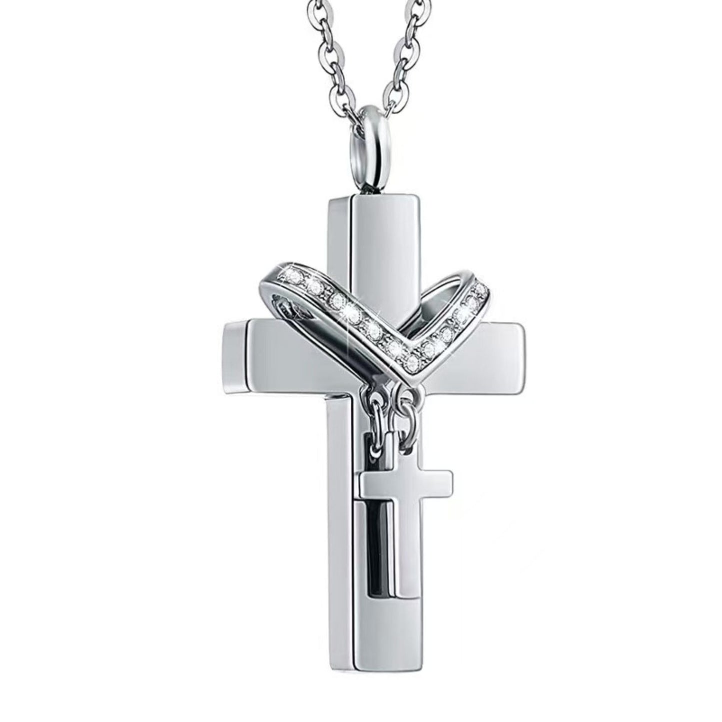 Silver stainless steel cross urn necklace pendant on o-style chain, front view product photo