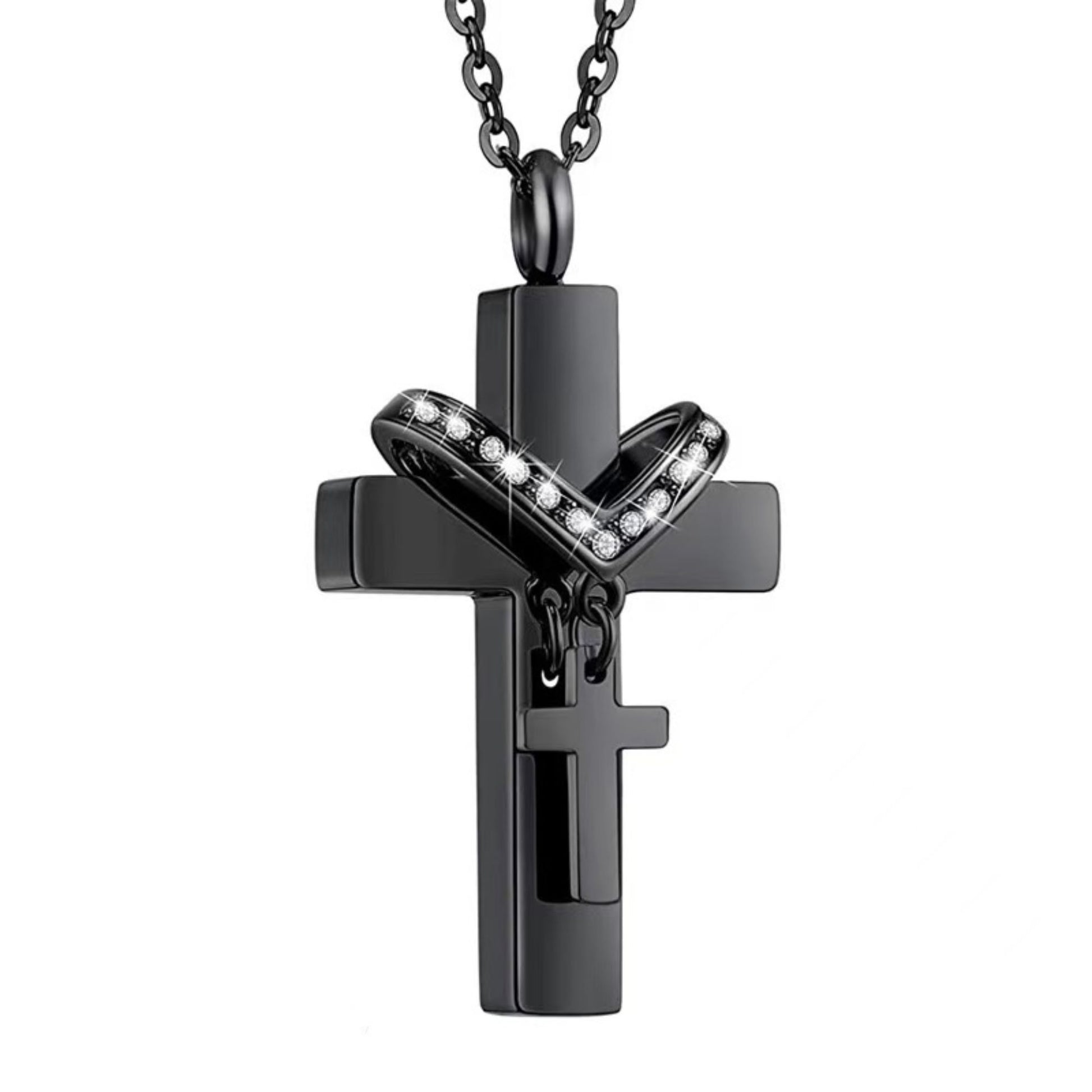 Black stainless steel cross urn necklace pendant on o-style chain, front view product photo