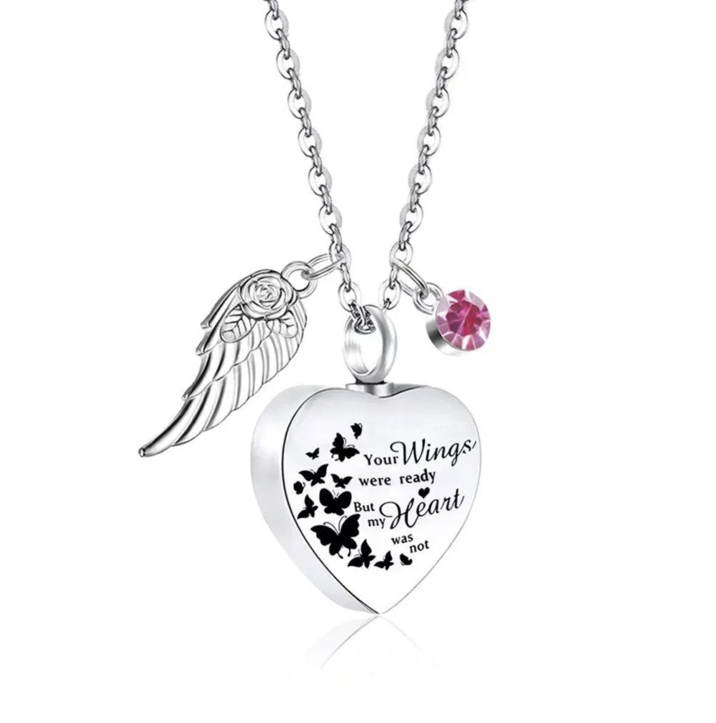 October birthstone option for heart pet memorial urn necklace with angel wing charm