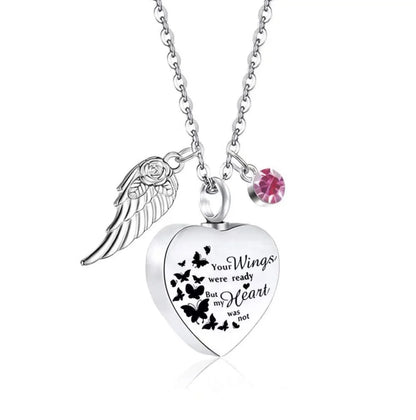 October birthstone option for heart pet memorial urn necklace with angel wing charm
