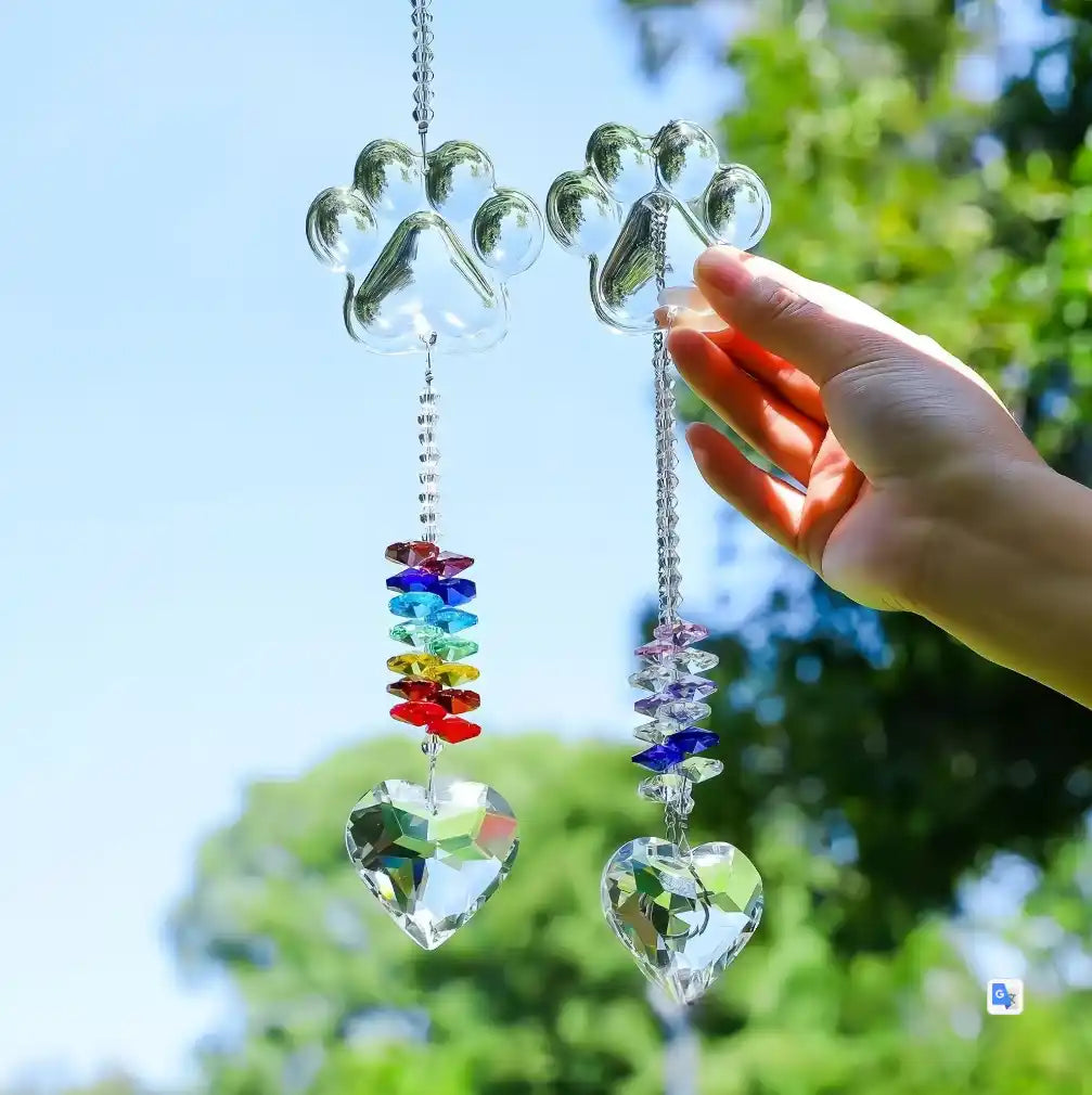 Clear dog paw crystal suncatcher ornaments with rainbow and pastel bead strands and heart crystal 