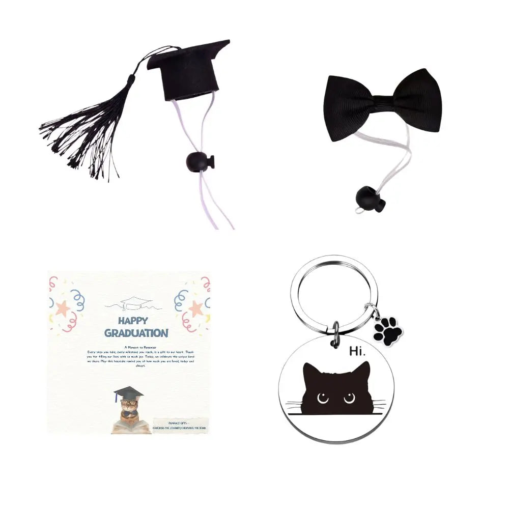 PawHalo pet graduation set including graduation cap, bow tie, keepsake card, and exclusive keychain.