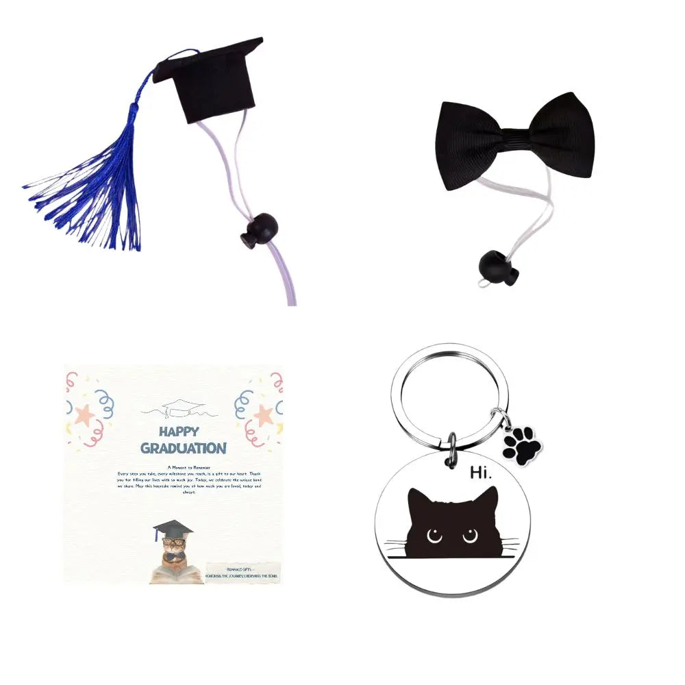 PawHalo pet graduation set including graduation cap, bow tie, keepsake card, and exclusive keychain.