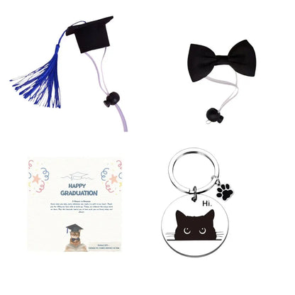 PawHalo pet graduation set including graduation cap, bow tie, keepsake card, and exclusive keychain.