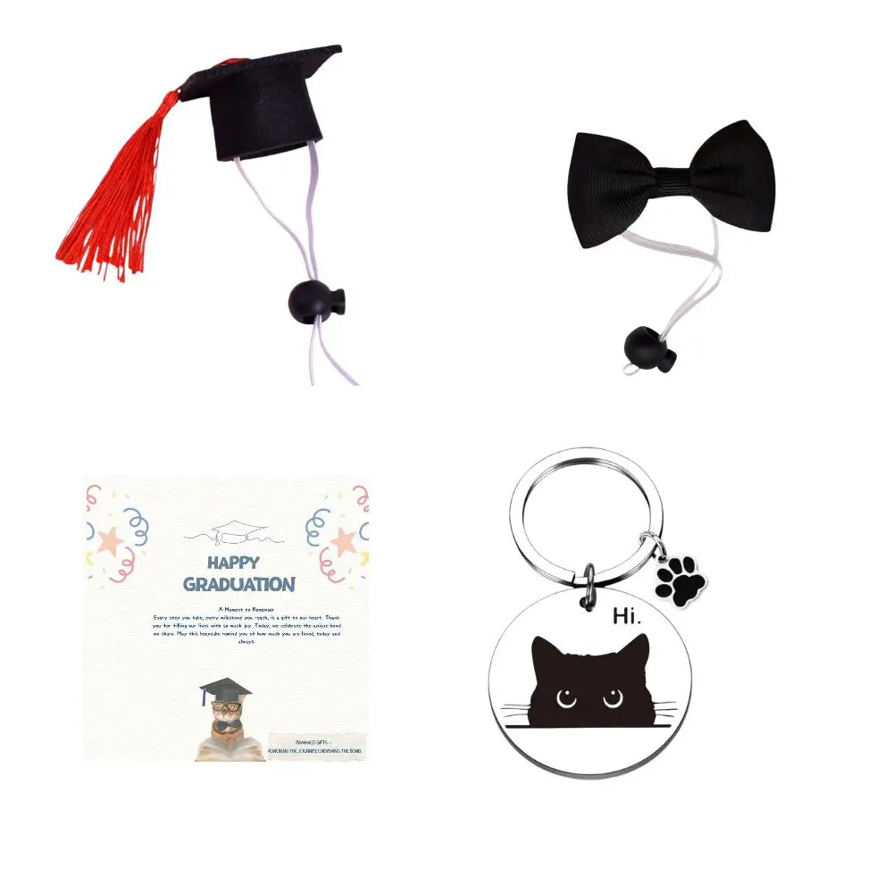 PawHalo pet graduation set including graduation cap, bow tie, keepsake card, and exclusive keychain.