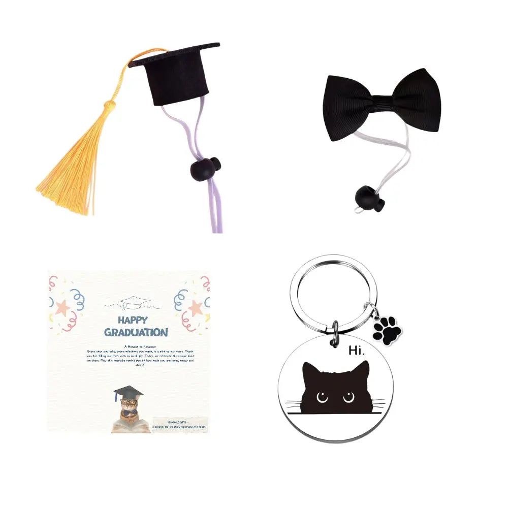 PawHalo pet graduation set including graduation cap, bow tie, keepsake card, and exclusive keychain.