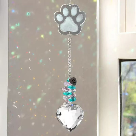 Pet Memorial Paw Print Suncatcher – Heart Crystal Prism (13" K9 Crystal)