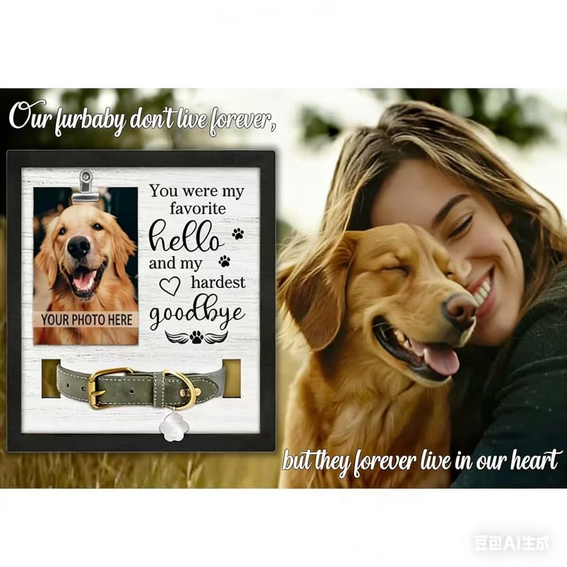 Pet Loss Sympathy Frame Lifestyle with displayed pet photo and collar, meaningful dog remembrance gift for home memorial décor