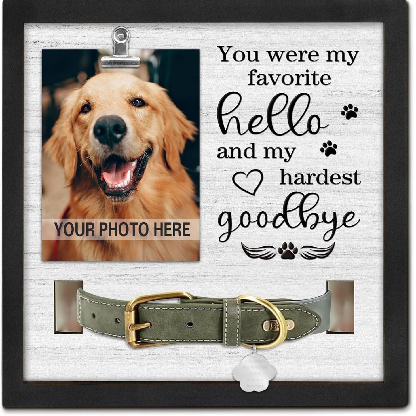 Pet Memorial Collar Frame Front View with photo clip and collar holder, heartfelt dog memorial and pet remembrance display for loss of dog