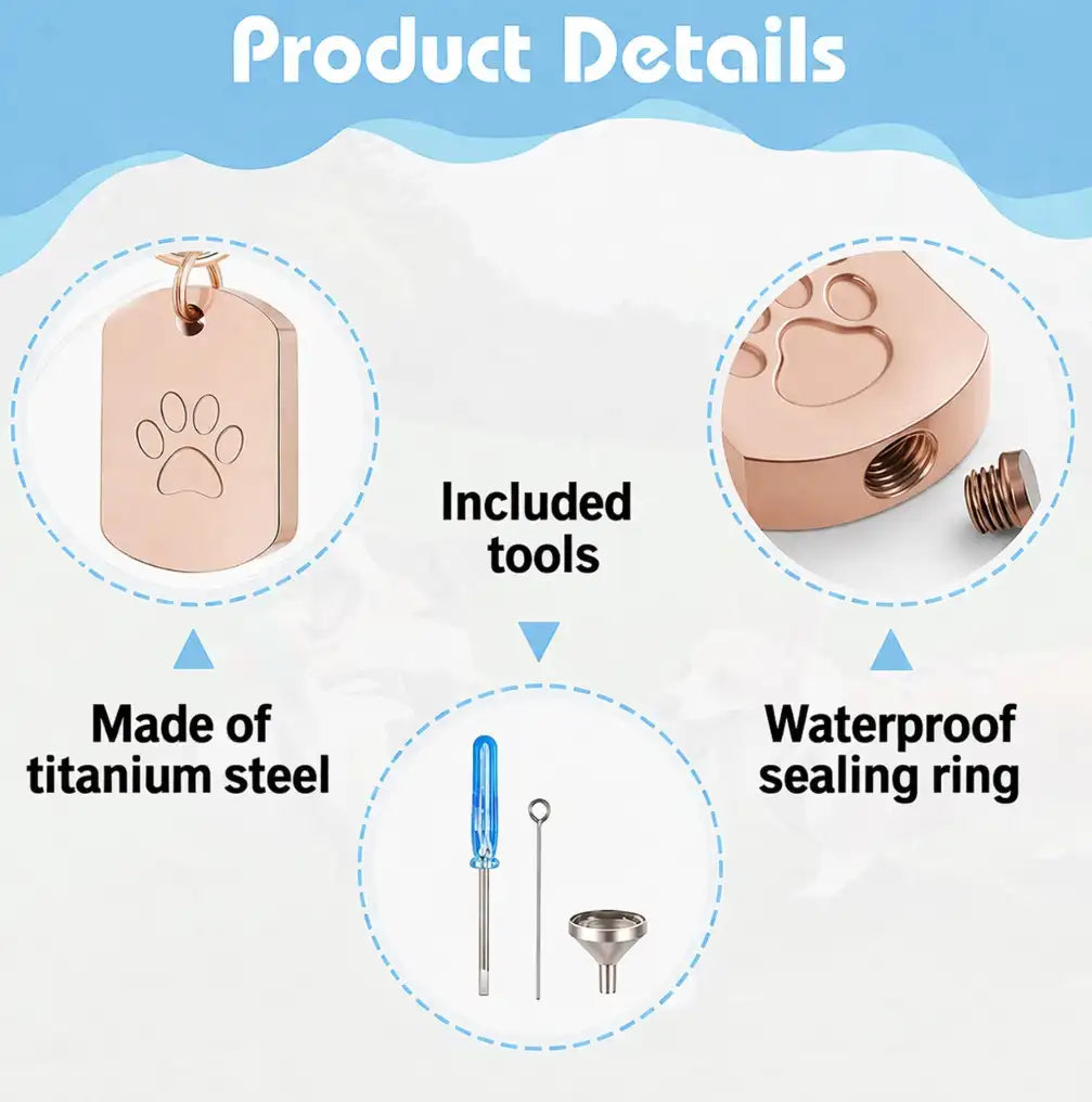"Pet memorial urn keychain with paw print design, includes funnel and needle for filling, great for remembering a beloved pet."