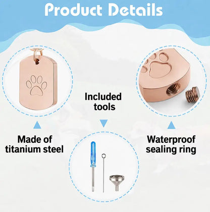 "Pet memorial urn keychain with paw print design, includes funnel and needle for filling, great for remembering a beloved pet."