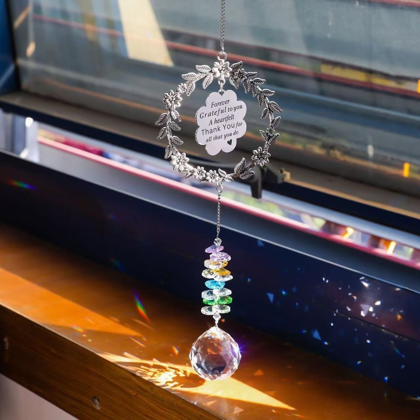 Pet Memorial Suncatcher in Bright Window with Light Reflections