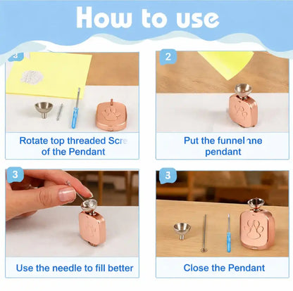 "How to use pet memorial urn keychain with filling tools and paw print charm, perfect for keeping a pet’s memory close."
