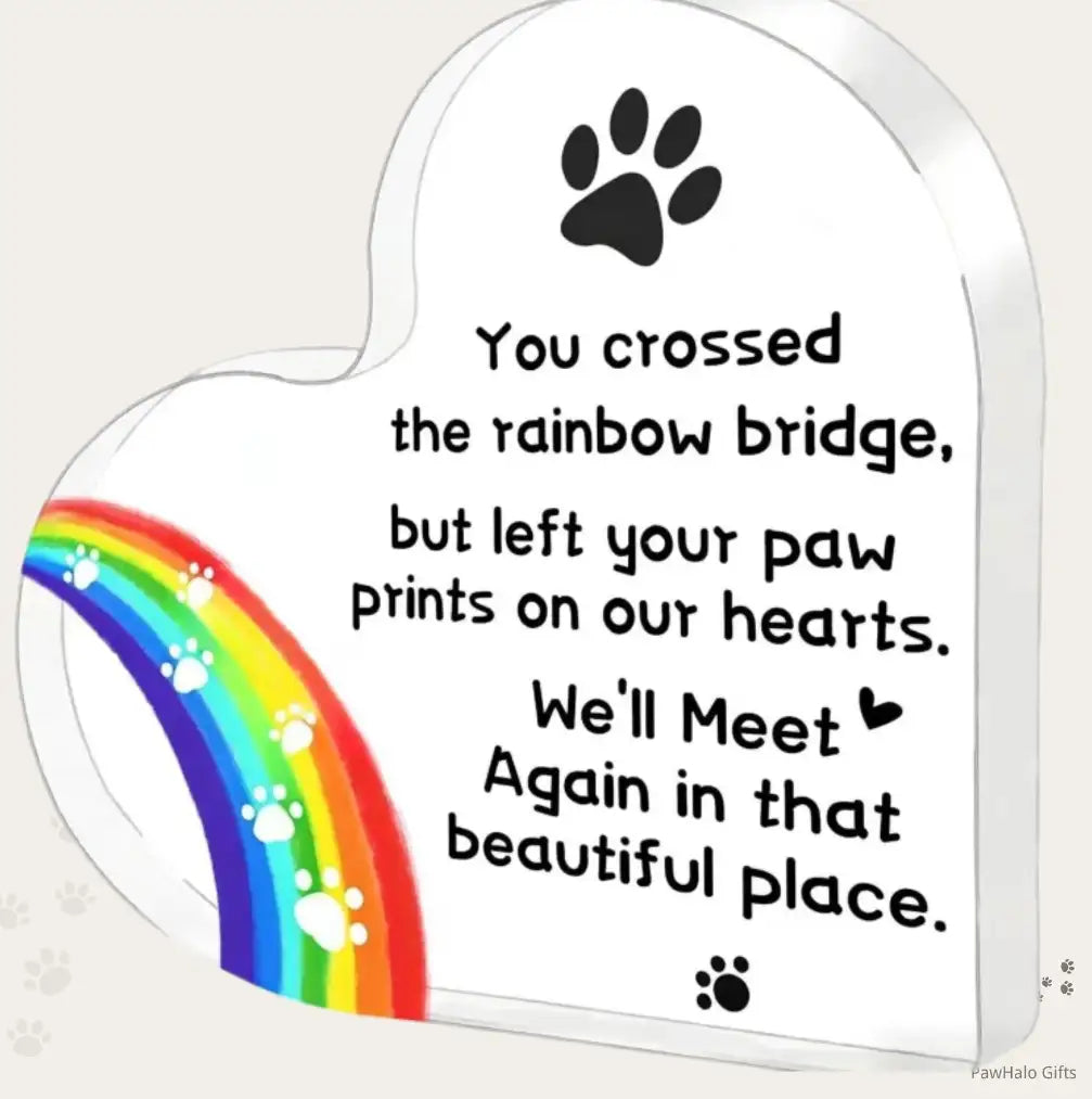 "Pet memorial acrylic plaque with Rainbow Bridge design and heartfelt tribute for dog loss or cat memorial"