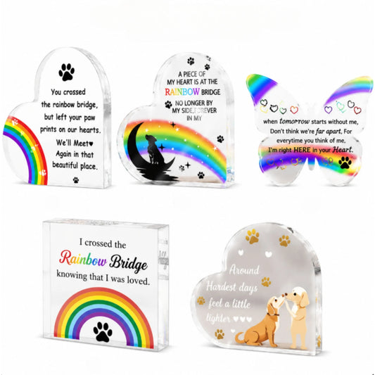 Five clear acrylic pet memorial plaque styles for dog or cat remembrance displayed together on a white background