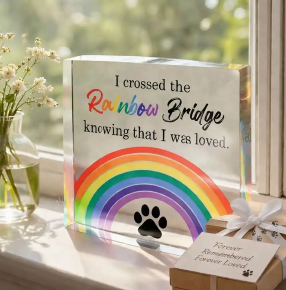 Rainbow Bridge Acrylic Block  beside the window
