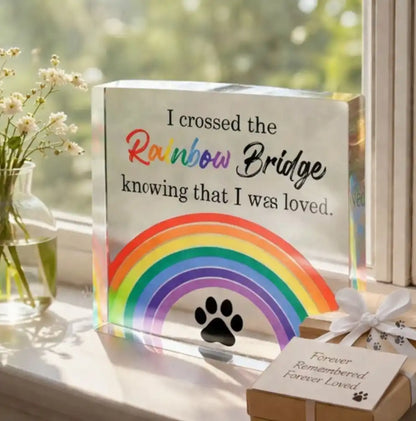 Rainbow Bridge Acrylic Block  beside the window