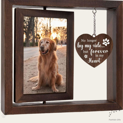 Rotating Dog Memorial Picture Frame in dark wood with hanging heart sign, 4x6 dog memorial and pet remembrance display for loss of dog