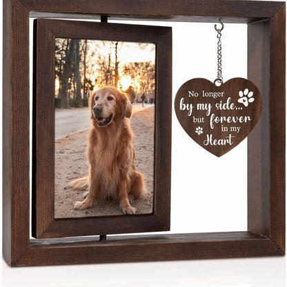 Rotating Dog Memorial Picture Frame in dark wood with hanging heart sign, 4x6 dog memorial and pet remembrance display for loss of dog