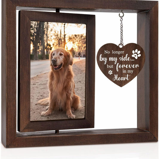 Rotating Dog Memorial Picture Frame in dark wood with hanging heart sign, 4x6 dog memorial and pet remembrance display for loss of dog