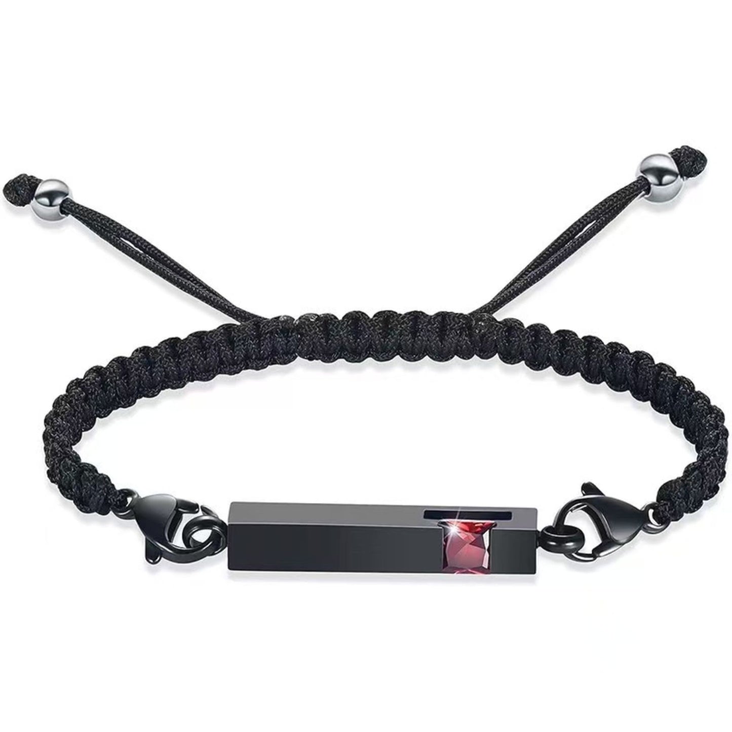 Black braided urn bracelet with ruby red birthstone accent, stainless steel cremation keepsake bracelet for ashes
