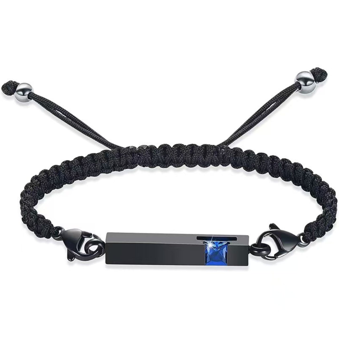 Black braided urn bracelet with sapphire blue birthstone accent, stainless steel cremation keepsake bracelet for ashes