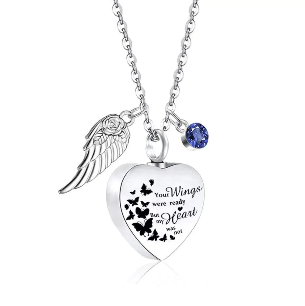 September birthstone option for heart pet memorial urn necklace with angel wing charm