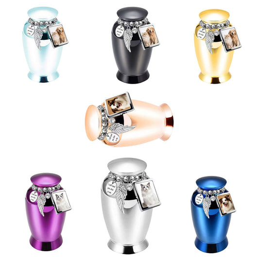 Seven-color pet keepsake urn set with photo frame charm, angel wing, and crystal charm