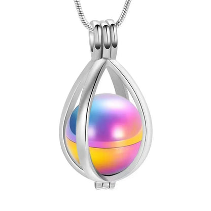 Silver_Rainbow teardrop urn necklace pendant for pet ashes, stainless steel keepsake cremation jewelry