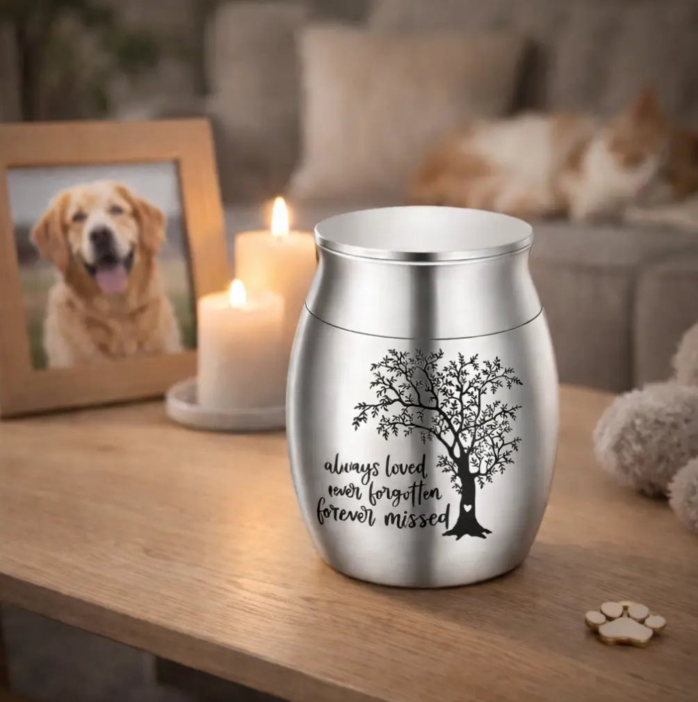 Silver Tree of Life pet keepsake urn displayed on a table beside candles and a pet photo frame