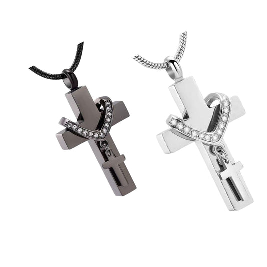 Silver and black stainless steel cross pet urn necklace with heart accent and mini cross charm