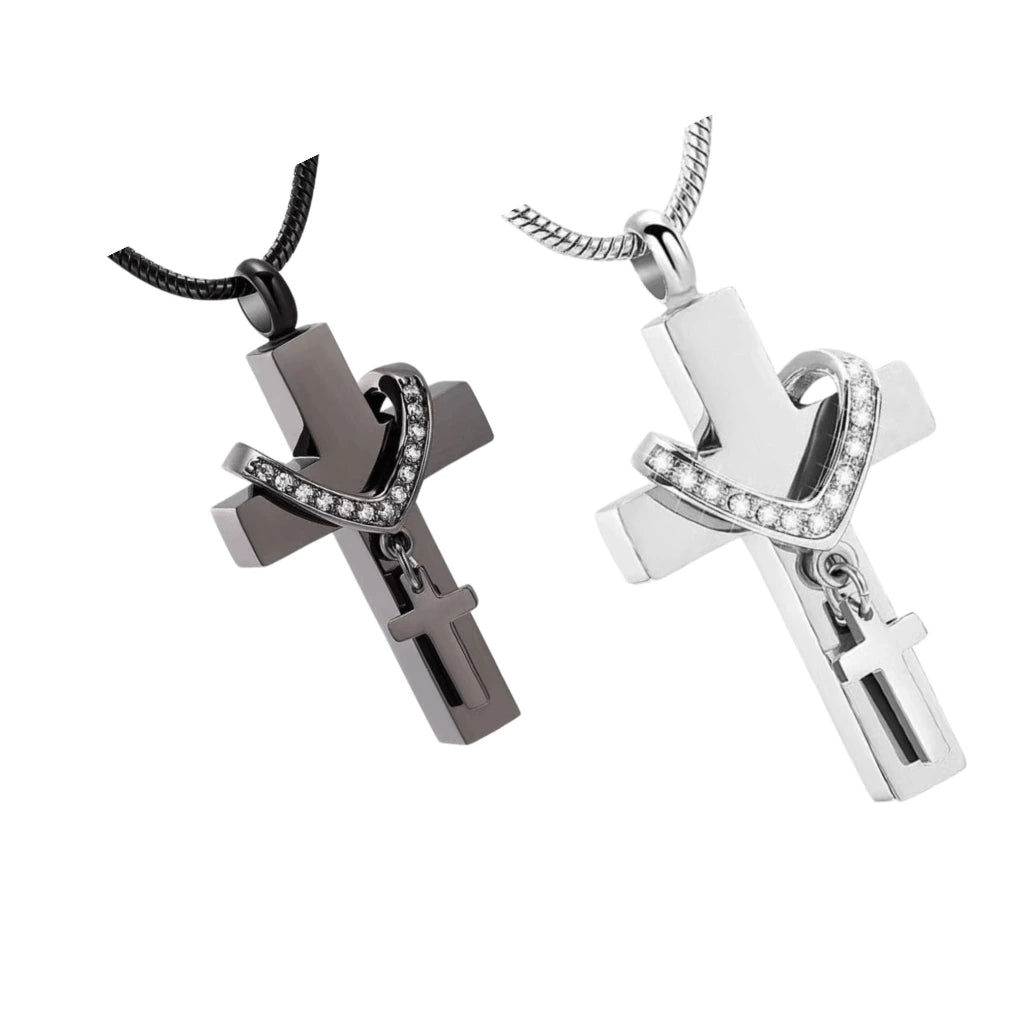 Silver and black stainless steel cross pet urn necklace with heart accent and mini cross charm