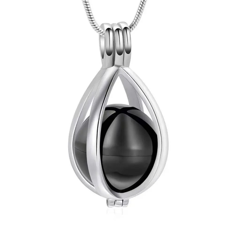Silver_black teardrop urn necklace pendant for pet ashes, stainless steel keepsake cremation jewelry