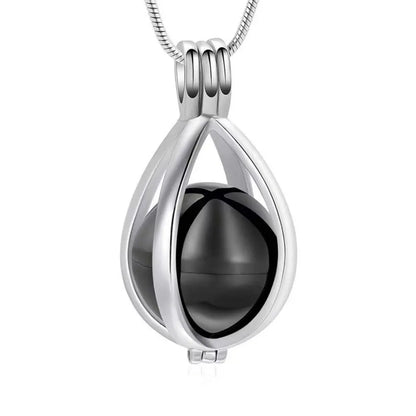 Silver_black teardrop urn necklace pendant for pet ashes, stainless steel keepsake cremation jewelry