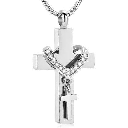 Silver stainless steel cross urn necklace pendant on snake chain, front view product photo