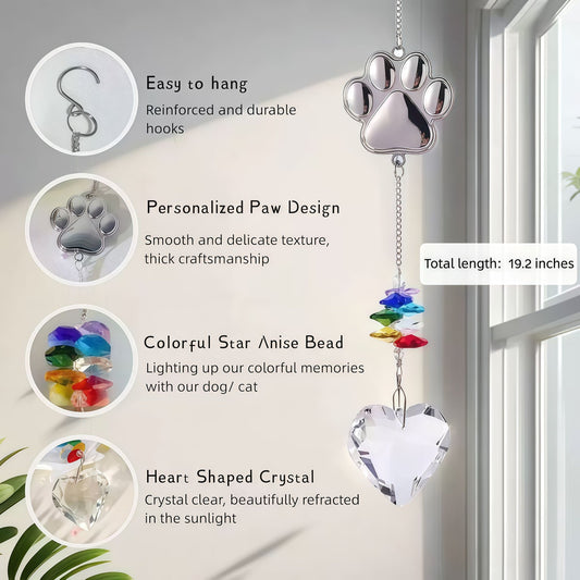 Silver metal dog paw crystal suncatcher with rainbow beads, heart prism, round prism, size and weight shown