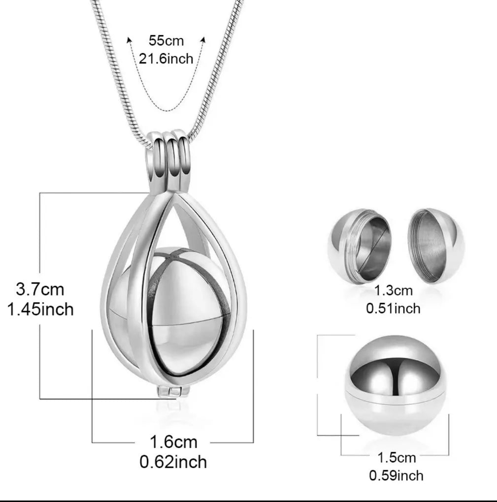 Size chart of stainless steel teardrop urn necklace for pet ashes, 55cm chain and pendant dimensions