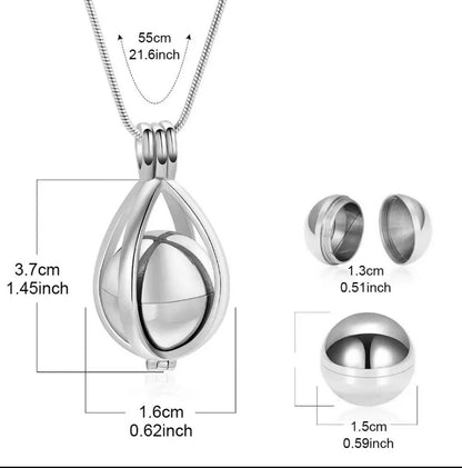 Size chart of stainless steel teardrop urn necklace for pet ashes, 55cm chain and pendant dimensions