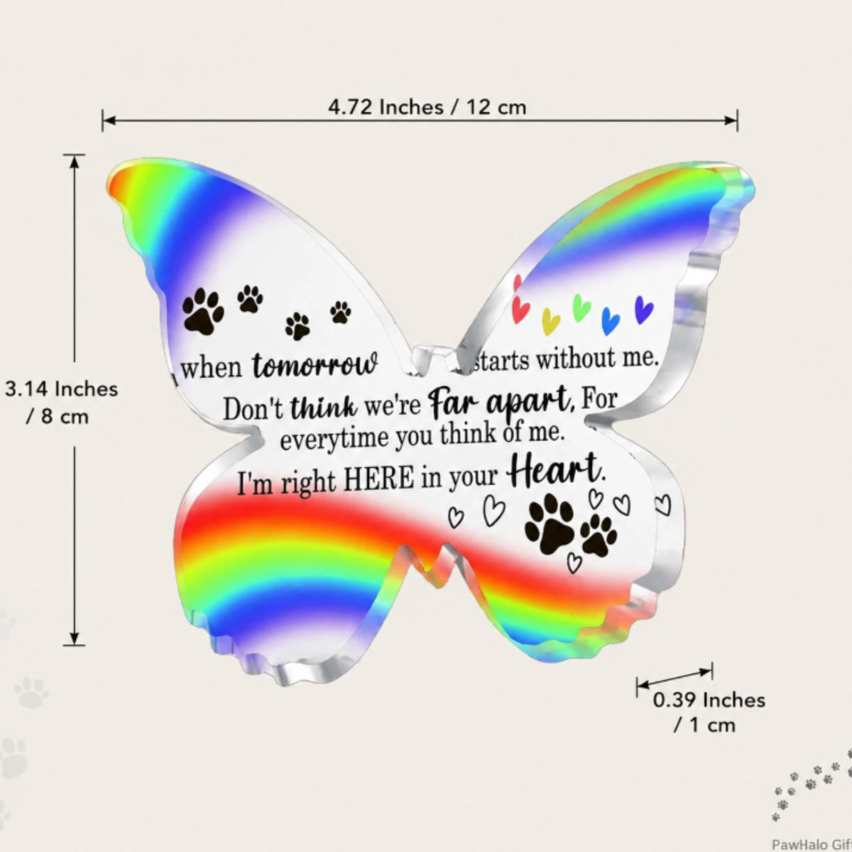 Butterfly-shaped rainbow pet memorial acrylic plaque measuring 12 by 8 cm and 1 cm thick