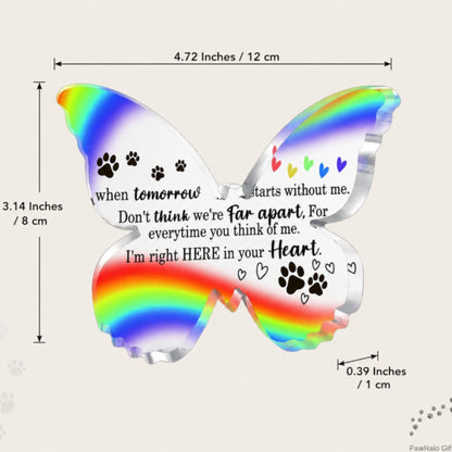 Butterfly-shaped rainbow pet memorial acrylic plaque measuring 12 by 8 cm and 1 cm thick