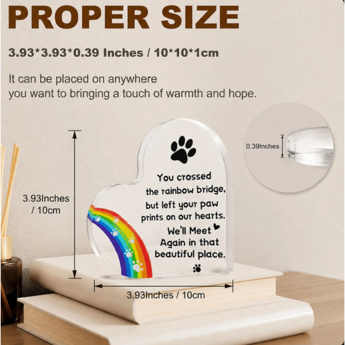 Heart-shaped rainbow bridge pet memorial acrylic plaque measuring 10 by 10 cm and 1 cm thick

