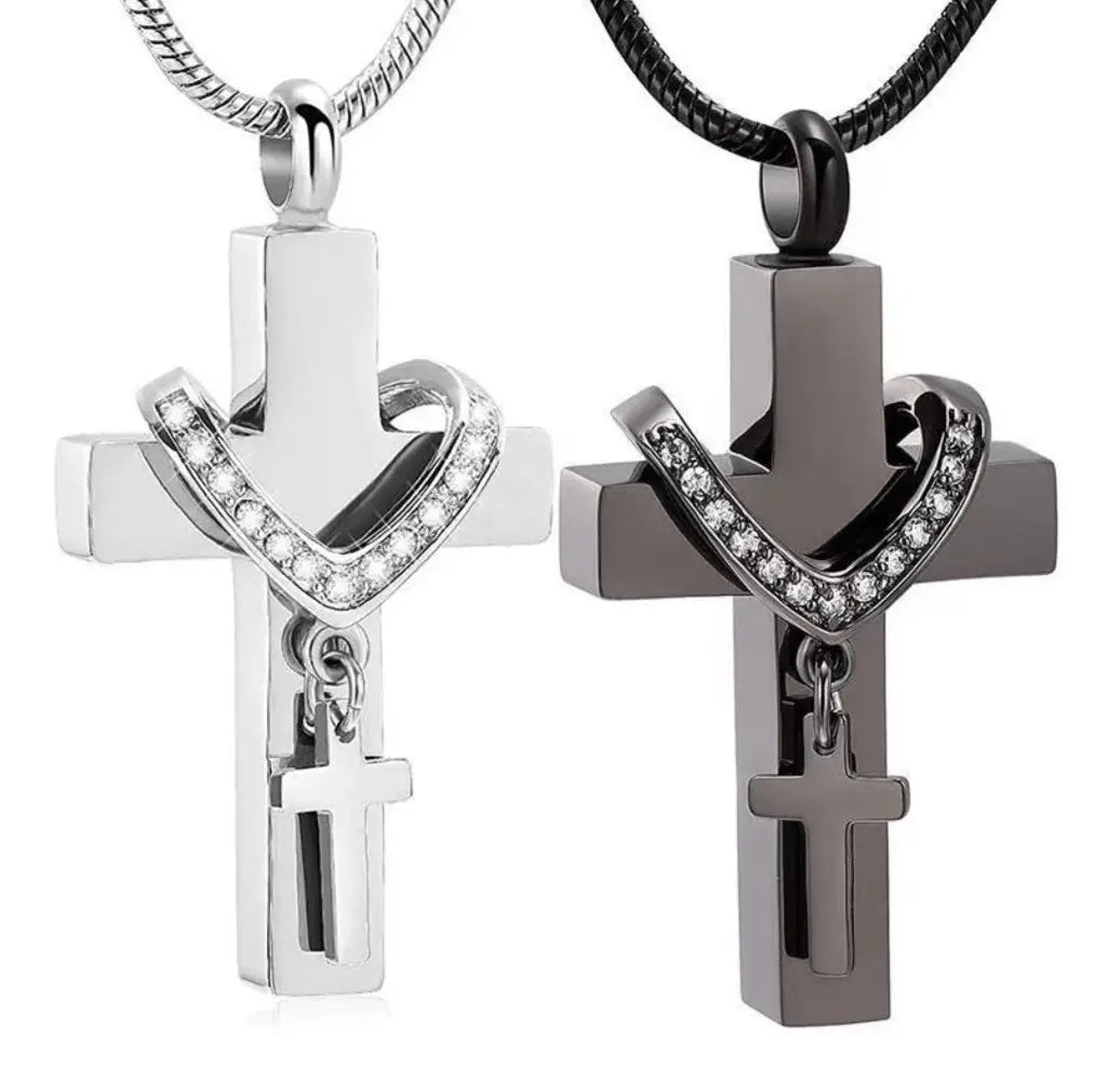Silver and black stainless steel cross pet urn necklace with heart accent and mini cross charm